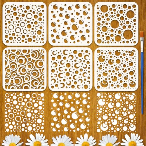 FINGERINSPIRE 6PCS Bubble Pattern Painting Stencils with Paint Brush 5.9x5.9inch Round Moon Drawing Templates Bubbles Silhouette Stencils Daily Theme Template for Wall Floor Furniture Decoration - style: Bubble Pattern