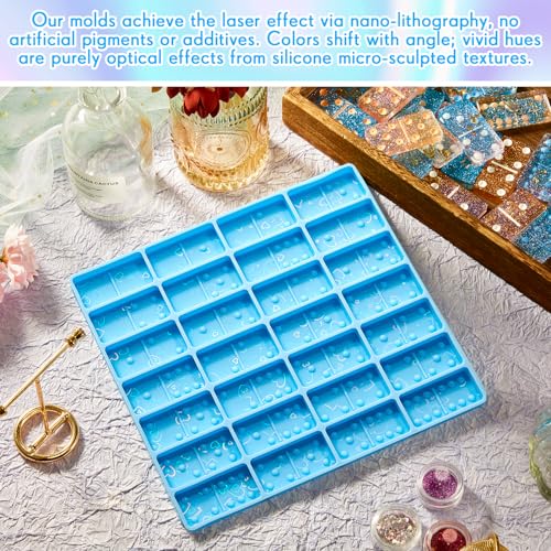 Patelai Domino Mold for Resin Domino Mold for Epoxy Candy Clay Chocolate Mould 28 Cavities Silicone Mould Pendant Epoxy Cake Jewelry Making Tool (Holographic, Blue) - size: Holographic