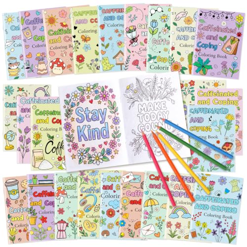 Liliful 24 Pcs Coffee and Coping Coloring Book Bulk Mini Coloring Books for Kids Adults DIY Art Relaxation Drawing Book with Patterns, Party Favors, Goodie Bag Filler and Holiday Gifts - style: Caffeine