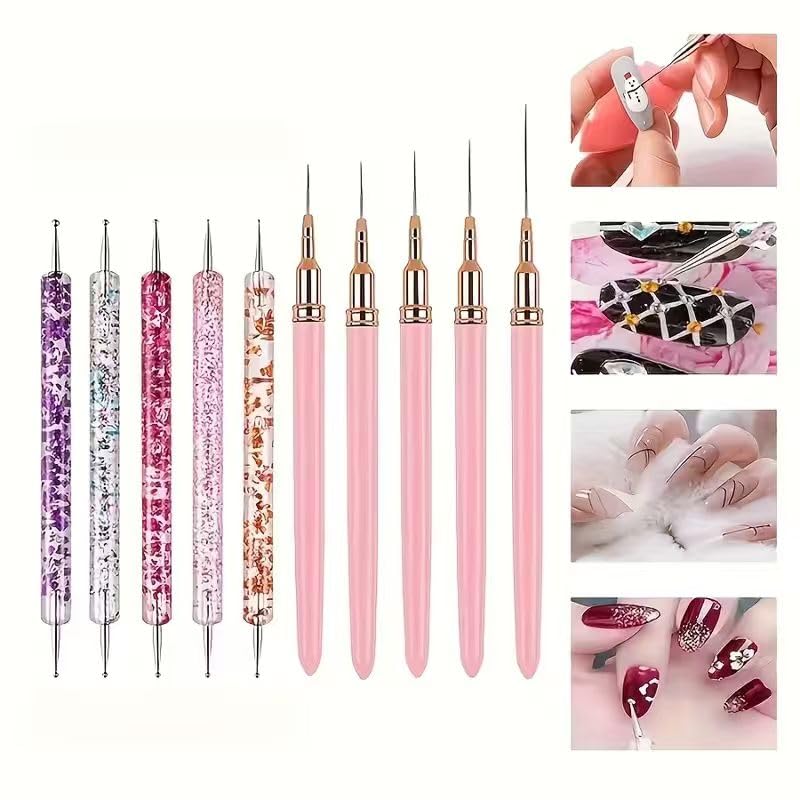 10Pcs Pink Nail Liner Brush & Dual-Ended Dotting Pen Set - Professional Ultra-Fine Liner Brush for French Tip, Intricate Patterns, Dot Art & Gel Polish Manicure, Salon & DIY Manicure Tool Kit - color: Liner Brush & Dotting Pen