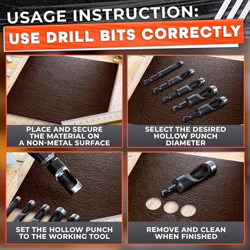 6 Pcs Leather Hole Punch Set — Belt Hole Puncher for Leather Belts, Watch Bands, Soft Plastic, DIY Crafts — Carbon Steel Hollow Punches for Drill 3/16" 1/4" 5/16" 3/8" 7/16" 1/2", Case Not Included