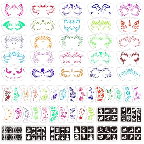 Face Paint Stencils, Includes 50 Reusable Face Painting Stencils, 8 Sheets Tattoo Templates Stickers for Halloween Festival DIY Body Art Makeup Party Temporary Tattoo (58PCS)