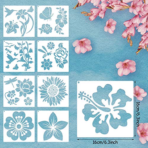 Zonon 16 Pieces Stencils for Painting, Reusable Large Butterfly Hummingbird Sunflower Stencil with Metal Open Ring, DIY Craft Templates for Spring Summer Wood Wall Canvas Home Decor(6.3 x 6.3 Inch) - size: 6.3 x 6.3 Inch