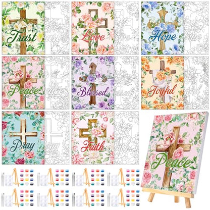Humyoun 8 Sets 8" x 10" Inspirational Cross Pre Drawn Canvas to Paint for Sip and Paint Party Religious Predrawn Coloring Set Pre Sketched Canvas Boards with Paints and Brushes for Adult - style: Cross