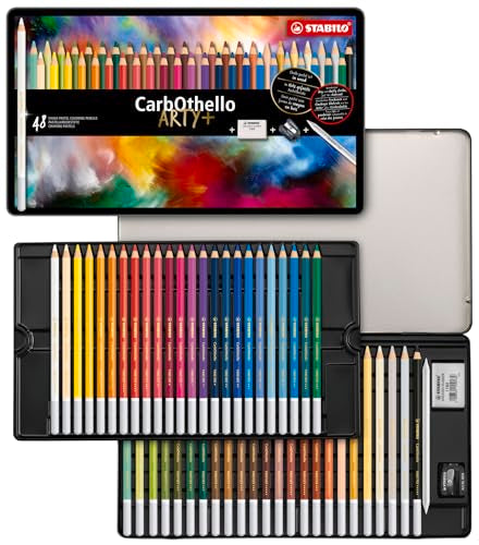 STABILO - CarbOthello - Chalk-Pastel Pencil - ARTY+ - Tin of 48 - Assorted colors with Sharpener, Kneaded Eraser and Blending Stump - style: Tin Set - 48 colors