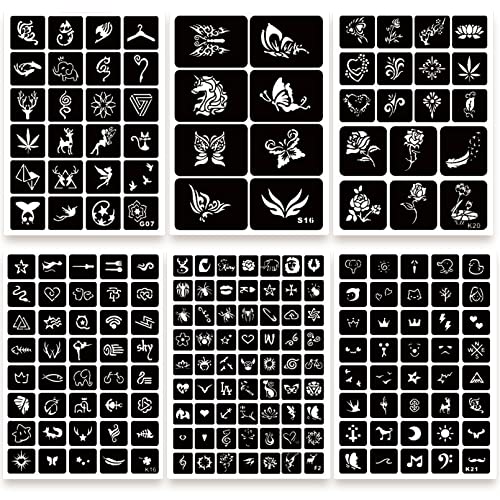 ChurlChurl 575pcs Temporary Tattoo Stencils, 20 Sheets Henna Tattoo Stencil Kit for Women Man Face Body Paint DIY Art Reusable Glitter Tattoo Stencils Pack
