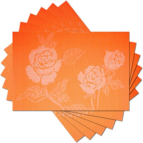 Kitchen PVC Placemats - Dining Room Heat Insulation Stain-resistant Eat Mats for Table - Rectangle Washable Non-slip Decor Jacquard Woven Plastic Vinyl Floral Motif Place Mats, Set of 6, Flower Orange - color: Flower Orange, size: Set of 6