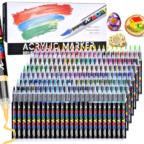 168 Colors Acrylic Paint Markers Brush Tip, Colored Paint Pens Set with Direct-Liquid Ink Control System, Water-Based Coloring Markers for Rock Painting, Fabric, Wood, Wood, Art Supplies - color: 168 Colors