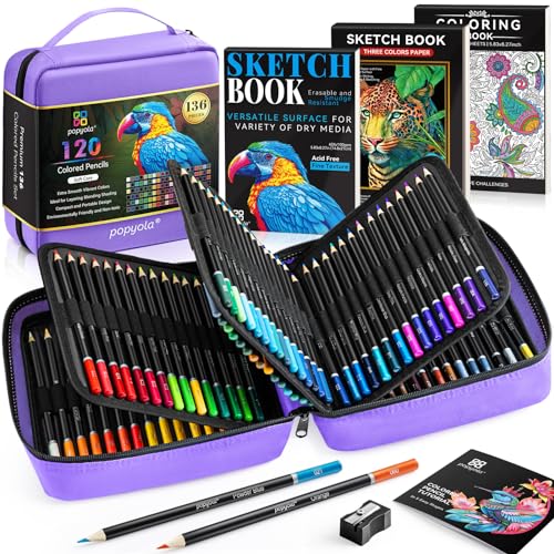 136 PCS Colored Pencils Set for Adult Coloring Books, 120 Colored Pencils with Sketchbook, Coloring Book, Sharpener, Soft Core Oil-Based Coloring Pencils for Artists Drawing Sketching Blending Shading - color: Purple