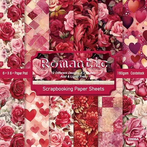 Romantic Scrapbook Paper Pad, 6 x 6 Inch Red & Pink Hearts 160gsm Cardstock Paper for Scrapbooking, 24 Sheets Vintage Floral Decorative Paper for Valentine Crafts, Wedding Guest Book, DIY Cards - color: 22039A, size: 6"×6"