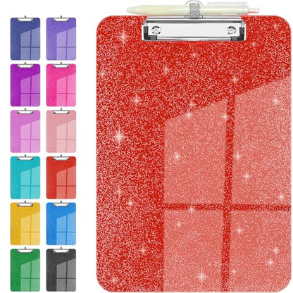Sparkly Clipboard with Pen Holder, Clear Plastic Glitter Clip Board, Hanging Shiny Clipboards with Low Profile Metal Clip, Letter A4 Size for Taecher Women Office School (Red) - color: Red
