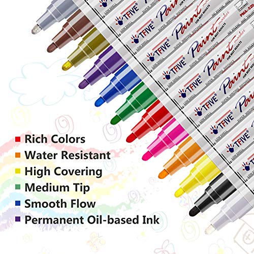 TFIVE Paint Pens Paint Markers Never Fade Quick Dry and Permanent, 12 Color Oil-Based Waterproof Marker Pen Set for Rock Painting, Ceramic, Wood, Fabric, Plastic, Canvas, Glass, Mugs