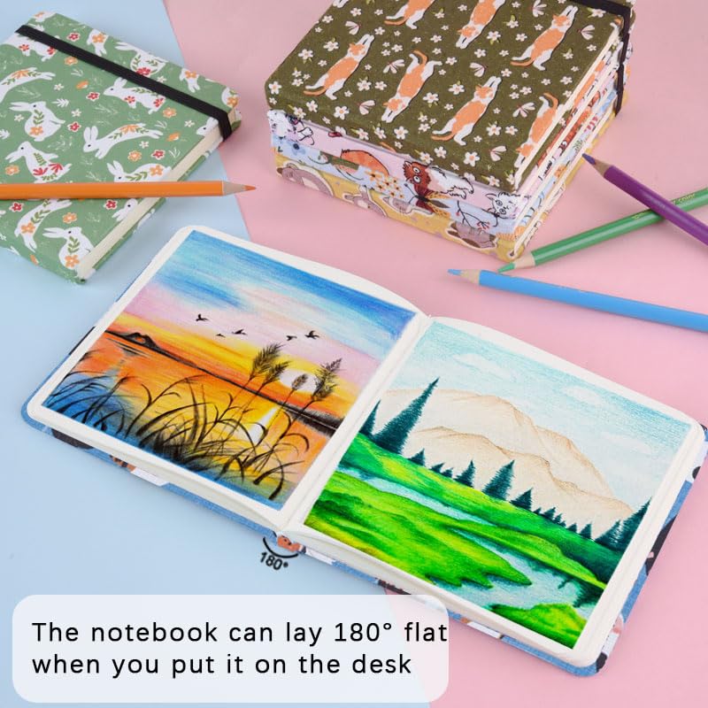 qianshan 4.8" x 4.8" Hardcover Sketchbook,Small Mixed Media Sketch Pad,96 Sheets 80gsm Acid-Free Artist Travel Journal Pocket Blank Notepad for Adults Drawing Painting,Art Supplies.Lake Blue Cat - color: 80gsm Cloth-lake blue cat