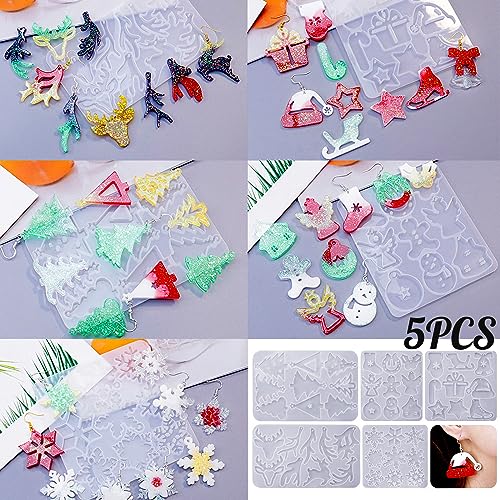 Christmas Earring Molds, 5 Pcs Christmas Style Resin Earring Molds | Various Shapes Christmas Silicone Molds for Earring Jewelry Pendant Keychain Ornament Epoxy Resing Casting Gift - color: 5PCS Christmas Jewelry Molds