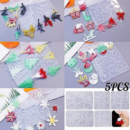 Christmas Earring Molds, 5 Pcs Christmas Style Resin Earring Molds | Various Shapes Christmas Silicone Molds for Earring Jewelry Pendant Keychain Ornament Epoxy Resing Casting Gift - color: 5PCS Christmas Jewelry Molds