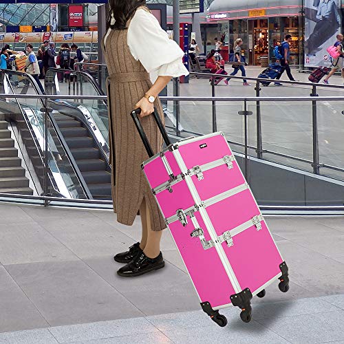 mefeir 3 in 1 Rolling Makeup Train Case, Aluminum Makeup Travel Organizer Cosmetic Case, Cosmetology Display Suitcase on Wheels, Beauty Storage Luggage Lockable w/4 Removable Wheels (Rose-Pink) - color: Rose Pink