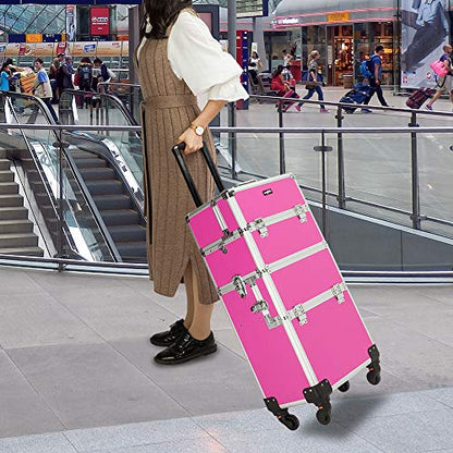 mefeir 3 in 1 Rolling Makeup Train Case, Aluminum Makeup Travel Organizer Cosmetic Case, Cosmetology Display Suitcase on Wheels, Beauty Storage Luggage Lockable w/4 Removable Wheels (Rose-Pink) - color: Rose Pink