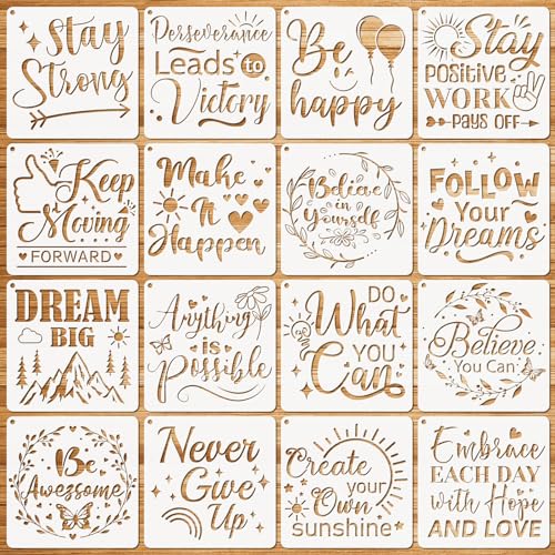 JSRQT 16Pcs Inspirational Word Stencils for Painting, Reusable Plastic Quotes Stencils for Craft, Motivational Drawing Painting Template Kit for DIY Wood Wall Shirt Canvas, and Card Making, 20×20 CM - size: 20*20CM