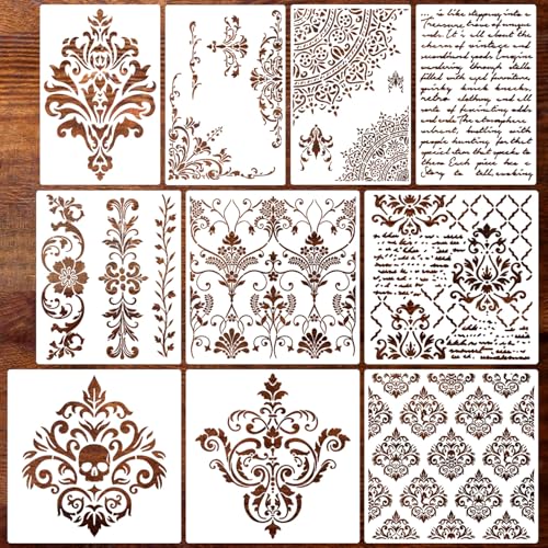 Damask Stencils for Walls 12inch Corner Border Stencil Large Texture Stencils Mixed Medium Layering Templates for Painting on Walls Furniture Canvas Fabric - style: Damask