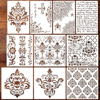 Damask Stencils for Walls 12inch Corner Border Stencil Large Texture Stencils Mixed Medium Layering Templates for Painting on Walls Furniture Canvas Fabric - style: Damask