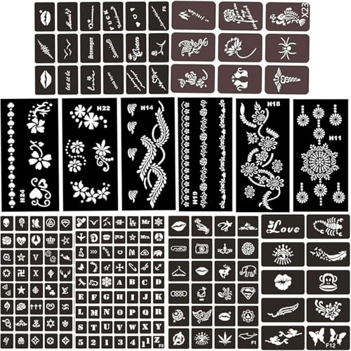 12 Sheets Henna Tattoo Stencil Kit – Reusable Mehndi Templates for Hands, Face, Ankles & Body – Temporary Tattoo Stickers for Bride, Women, Kids & Adults – Airbrush & Body Paint Supplies