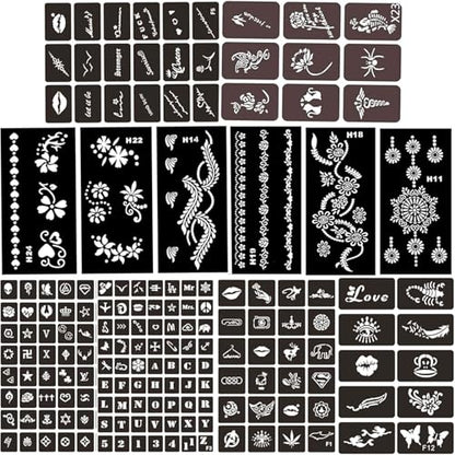 12 Sheets Henna Tattoo Stencil Kit – Reusable Mehndi Templates for Hands, Face, Ankles & Body – Temporary Tattoo Stickers for Bride, Women, Kids & Adults – Airbrush & Body Paint Supplies