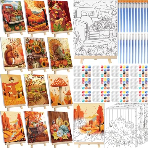 Zhanmai 72 Pcs 12 Sets Sip and Paint Kit Pre Drawn Canvas for Painting 8" x 10" Paint Party Canvas Painting Pre Printed Canvases for Party Favor DIY Virtual Adult's Date Night(Fall Thanksgiving) - style: Fall Thanksgiving
