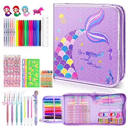 MAIGOZON Mermaid Gifts for Girls - 56 PCS Scented Markers Art Supplies Set for Kids Ages 4-8, Coloring Drawing Kit with Glitter Mermaid Case & Quick-Dry Gel Pens, Birthday Christmas Gift - style: Mermaid