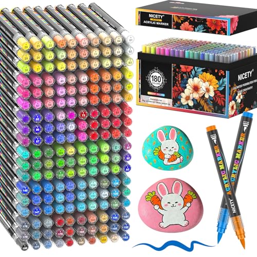NICETY 180 Colors Acrylic Paint Markers for Professional Artists – Water-Based Paint Pens with Flexible Brush Tip (1–6mm) & Automatic Ink Control for Illustration, Rock, Crafts & Canvas - color: 180 Colors