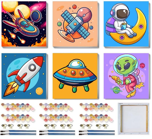 MXCFZX 6 Pack Paint by Numbers Kit for Kids with Frame,Cartoon Rocket Ship Painting Kits for Ages 6-12,Alien Easy DIY Acrylic Paint by Number Kids Paint for Beginner,Perfect for Wall Decor(8X8inch) - color: Rocket Ship Paint By Numbers with Framed 6-pack,