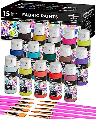 CHALKY CROWN Permanent Fabric Paint for Clothes, 15 Colors for Canvas, Textile, Fabric Paint Set - Child Safe Paint for Fabric with 10 Brushes & Storage Box (60ml each)