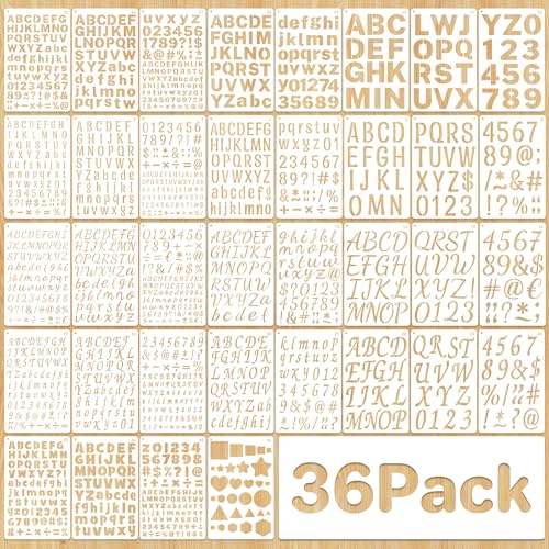 36Pcs Letter Stencils for Painting 1/2,3/4,1,5/4,2Inch Small Reusable Plastic Letter Geometric Alphabet and Number Templates for Scrapbooking Walls Art Projects Notebook Journal Home Decor Custom Sign
