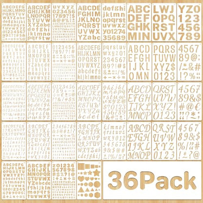 36Pcs Letter Stencils for Painting 1/2,3/4,1,5/4,2Inch Small Reusable Plastic Letter Geometric Alphabet and Number Templates for Scrapbooking Walls Art Projects Notebook Journal Home Decor Custom Sign