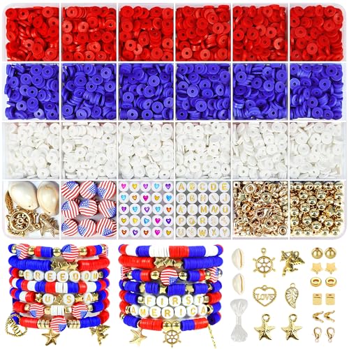 Redtwo 4th of July Red White and Blue Clay Beads Bracelet Making Kit with USA Letter Beads, Patriotic Beads for Jewelry Making for Independence Veterans Day Party Favors, DIY Gifts with America Flag. - color: colored