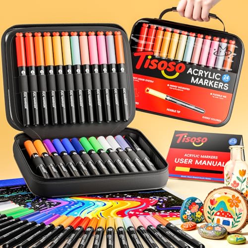 Tisoso Acrylic Paint Markers 24 Colors, Brush Tip, Direct Liquid, Water Based No Bleed, Auto Control Ink, Waterproof Paint Pens with Cloth Bag for Fabric, Wood, Rock, Ceramic, Metal DIY Crafts - color: 24 Colors