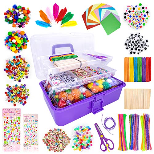 kortes Jumbo Art and Craft Supplies for Kids, Toddler DIY Craft Art Supply Set Included Pipe Cleaners, Pom Poms, Feather, Folding Storage Box - All in One for Craft DIY Art Supplies (Purple) - color: A0-Purple