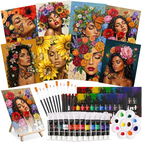 Cholemy 36 Pcs Paint and Sip Kit for Adults 8''x10'' Pre Drawn Canvas for Painting DIY Afro Acrylic Painting Kit Wood Easel Brushes Date Night Bulk for Summer 4th of July Party Gift(Floral Lady) - style: Floral Lady