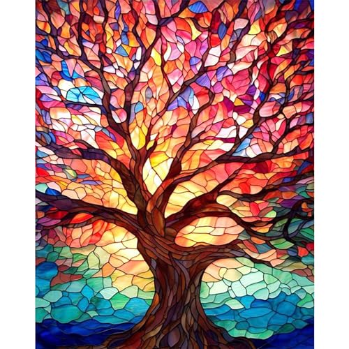 xackcme Tree Paint by Numbers for Adults - Stained Glass Paint by Number on Canvas Without Frame, DIY Trees Oil Painting for Gift Home Wall Decor (16x20 inch) - color: MT12191