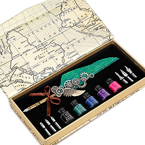 NC Quill Pen Ink Set, Feather Pen Includes 5 Bottles Ink and 6 Replaceable Stainless Steel Nibs, Mechanical Quill Calligraphy Pen for Writing, Letters, Invitations (Green) - color: Green