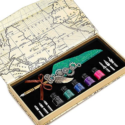 NC Quill Pen Ink Set, Feather Pen Includes 5 Bottles Ink and 6 Replaceable Stainless Steel Nibs, Mechanical Quill Calligraphy Pen for Writing, Letters, Invitations (Green) - color: Green