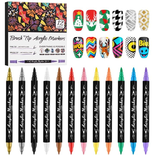 12 Colors Nail Art Pens Set, Kalolary 3D Nail Polish Pens Quick-Drying Acrylic Paint Markers Double-headed Drawing Painting Liner Brush for DIY Nail Art Home & Salon Manicure Tools - color: M