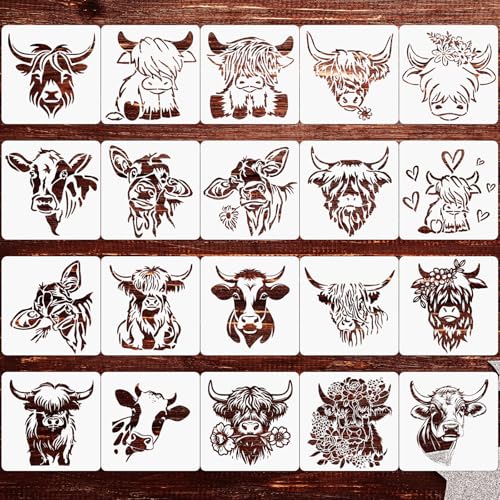 Junkin 20 Pcs Stencil for Painting Stencil Reusable DIY Drawing Template Motivational Art for Crafts Home Decor on Wood, Canvas, Paper, Fabric, Walls, Furniture(Cow) - style: Cow