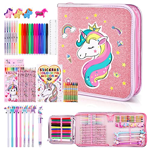 MAIGOZON Unicorn Gifts for Girls - 56 PCS Scented Markers Art Supplies Set for Kids Ages 4-8, Coloring Drawing Kit with Glitter Unicorn Case & Quick-Dry Gel Pens, Birthday Christmas Gift - style: Unicorn 2