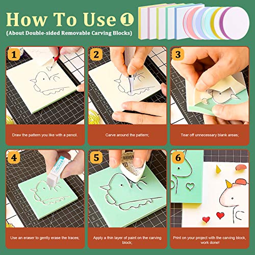 Keadic 24 Pieces Block Printing Starter Tool Kit, Rubber Stamps Making Set with Round & Square Rubber Carving Blocks, Linoleum Cutter Tools & Grindstone for Stamp Carving and Printmaking