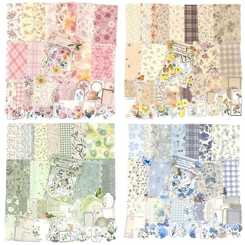 Scrapbook Supplies Kit – 400Pcs Vintage Floral Scrapbook Paper & Junk Journal Stickers, 4 Pack Journaling Supplies for Bullet Journaling, Retro Crafts, Planner, Mixed Media, Collage Card Album - color: 4 PACK