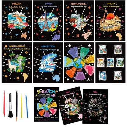9-Piece Travel Scratch Art Collection, Black and Gold Artwork Sheets, 18.5 x 13.5 cm Scratch-Off Cards - style: Travel Stamp Collection