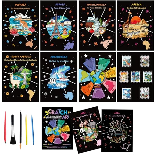 9-Piece Travel Scratch Art Collection, Black and Gold Artwork Sheets, 18.5 x 13.5 cm Scratch-Off Cards - style: Travel Stamp Collection