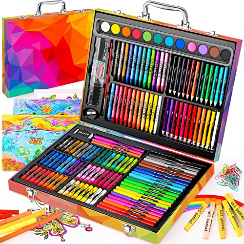 Soucolor Arts and Crafts Supplies, 183-Pack Drawing Painting Set for Kids Girls Boys Teens, Coloring Art Kit Gift Case: Crayons, Oil Pastels, Watercolors Cake, Colored Pencils Markers, Sketch Paper - style: Rainbow