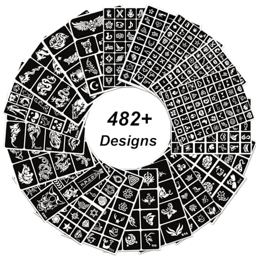 482pcs Temporary Tattoo Stencils, 20 Sheets Henna Tattoo Stencil Kit for Women and Man Face Body Paint Reusable Glitter Tattoo Stencils Pack Party Favor Supplies