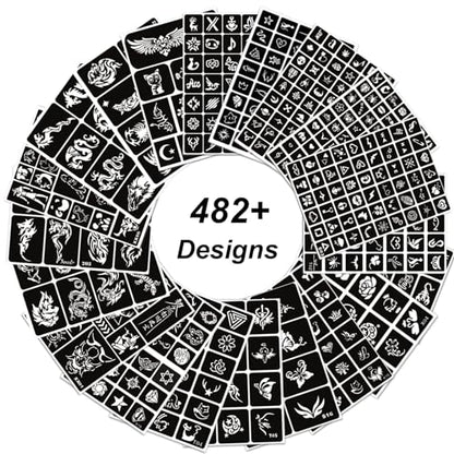 482pcs Temporary Tattoo Stencils, 20 Sheets Henna Tattoo Stencil Kit for Women and Man Face Body Paint Reusable Glitter Tattoo Stencils Pack Party Favor Supplies